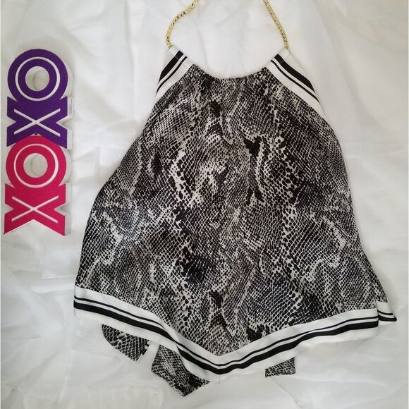 EXPRESS womens XS black & white snakeskin print chain halter open back blouse - Picture 3 of 5